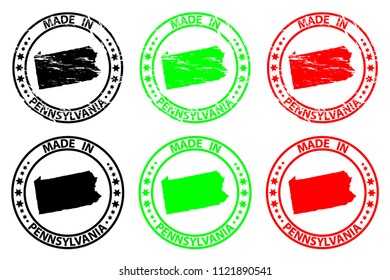 Made in Pennsylvania - rubber stamp - vector, Pennsylvania (United States of America) map pattern - black, green and red