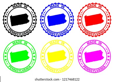 Made in Pennsylvania - rubber stamp - vector, Pennsylvania (United States of America) map pattern - black, blue, green, yellow, purple and red