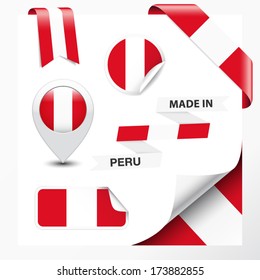 Made in Peru collection of ribbon, label, stickers, pointer, badge, icon and page curl with Peruvian flag symbol on design element. 