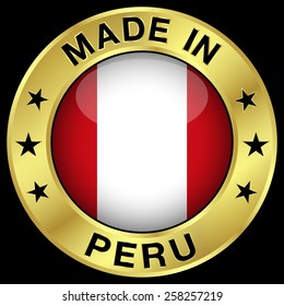 Made in Peru gold badge and icon with central glossy Peruvian flag symbol and stars. Vector EPS 10 illustration isolated on black background.
