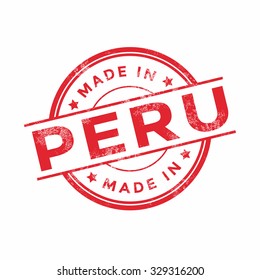 Made in Peru red vector graphic. Round rubber stamp isolated on white background. With vintage texture.