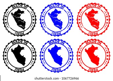 Made in Peru - rubber stamp - vector, Peru map pattern - black, blue and red