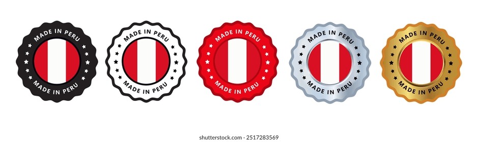 Made in peru set of sign stamp badge, with varian color red, silver, gold, black suitable for products manufactured, military, agriculture or food vector illustration eps editable text