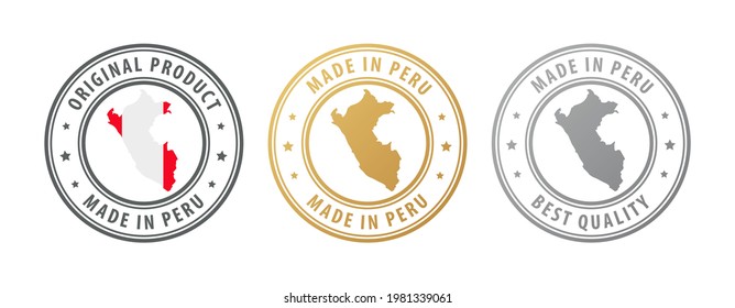 Made in Peru - set of stamps with map and flag. Best quality. Original product. Vector illustration