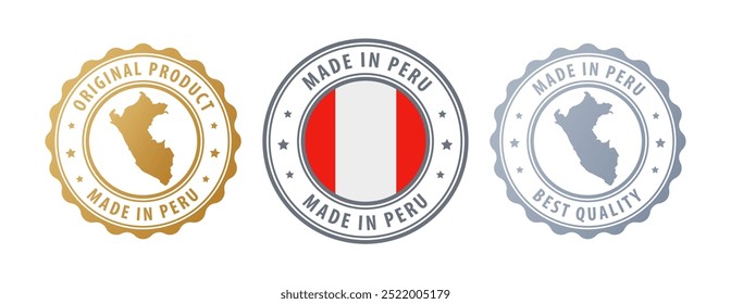 Made in Peru - set of stamps with map and flag. Best quality. Original product. Vector illustration