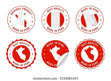 Made in Peru - set of stamps and stickers with map and flag. Best quality. Original product. Vector illustration.