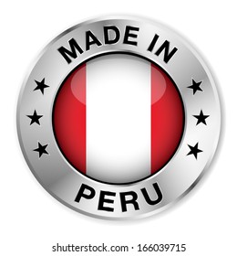 Made in Peru silver badge and icon with central glossy Peruvian flag symbol and stars. Vector EPS10 illustration isolated on white background.
