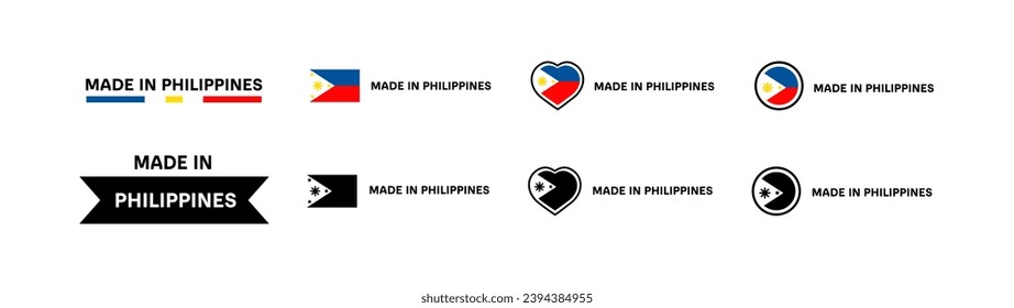 Iconos de bandera hechos en Filipinas. Distintos estilos, Hecho en Filipinas bandera en cuadrado, corazón, iconos de círculo. Iconos del vector