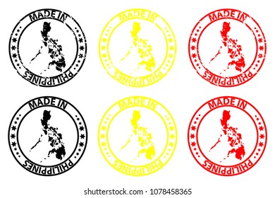 Made in Philippines - rubber stamp - vector, Philippines map pattern - black, yellow and red
