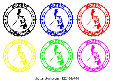 Made in Philippines - rubber stamp - vector, Philippines map pattern - black, blue, green, yellow, purple and red