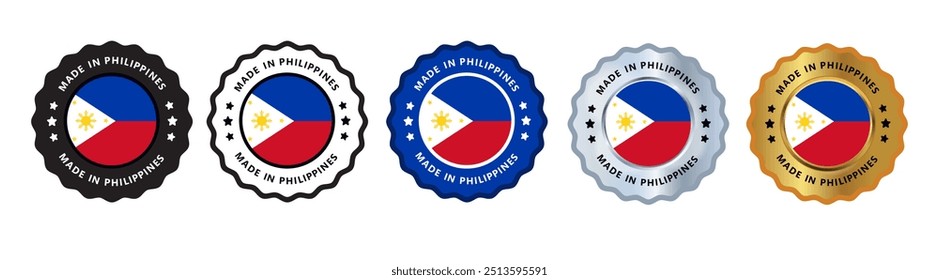 Made in philippines set of sign stamp badge, with varian color blue, silver, gold, black suitable for products manufactured, military, agriculture or food vector illustration eps editable text