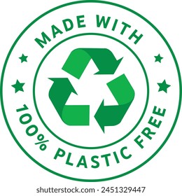 Hecho con plástico libre, material reciclado, material reciclado signo, símbolo de sello reciclado, 100% libre de plástico, icono biodegradable