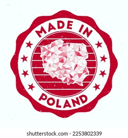 Made In Poland. Country round stamp. Seal of Poland with border shape. Vintage badge with circular text and stars. Vector illustration.