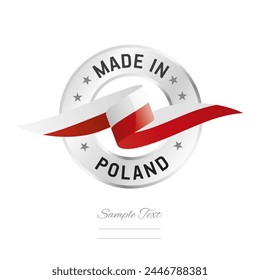 Made in Poland. Poland flag ribbon with circle silver ring seal stamp icon. Poland sign label vector isolated on white background