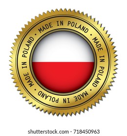 Made in Poland golden badge with the flag symbol of Polish flag in the center. Vector illustration isolated on white background.