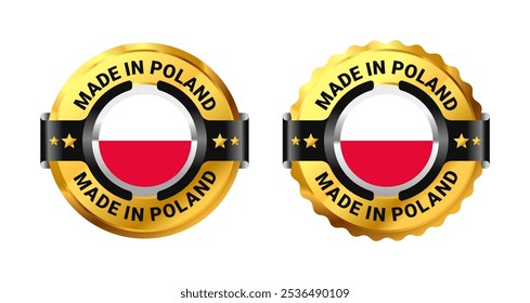 Made in Poland label icon a gold circle with a picture of a flag in the middle. For logo, flag, stamp, label, badge, mark, sign, product, etc. Modern and minimalist. Vector Illustration