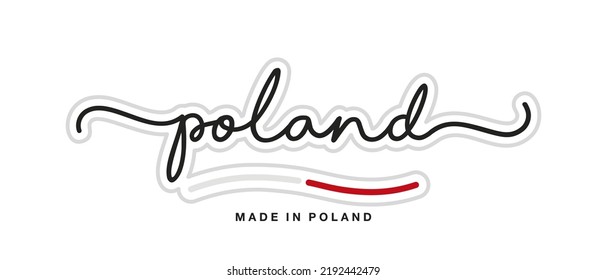 Made in Poland, new modern handwritten typography calligraphic logo sticker, abstract Poland flag ribbon banner