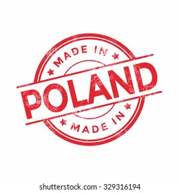 Made in Poland red vector graphic. Round rubber stamp isolated on white background. With vintage texture.