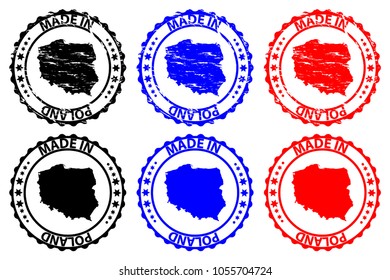 Made in  Poland - rubber stamp - vector, Poland map pattern - black, blue and red