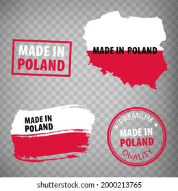 Made in Poland rubber stamps icon isolated on transparent background. Manufactured or Produced in  Poland. Map Republic of Poland. Set of grunge rubber stamps. EPS10.