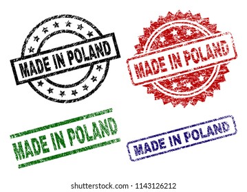 MADE IN POLAND seal prints with corroded texture. Black, green,red,blue vector rubber prints of MADE IN POLAND tag with corroded texture. Rubber seals with round, rectangle, medallion shapes.