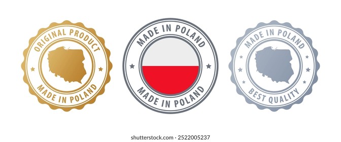 Made in Poland - set of stamps with map and flag. Best quality. Original product. Vector illustration