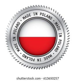 Made in Poland silver badge with the flag symbol of Polish flag in the center. Vector illustration isolated on white background.