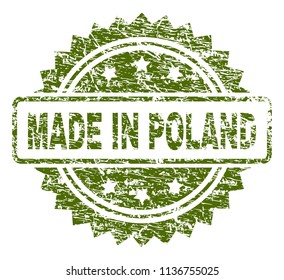 MADE IN POLAND stamp seal watermark with rubber print style. Green vector rubber print of MADE IN POLAND label with grunge texture.