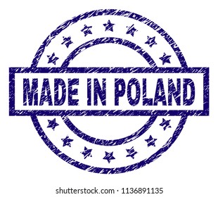 MADE IN POLAND stamp seal watermark with distress texture. Designed with rectangle, circles and stars. Blue vector rubber print of MADE IN POLAND caption with unclean texture.
