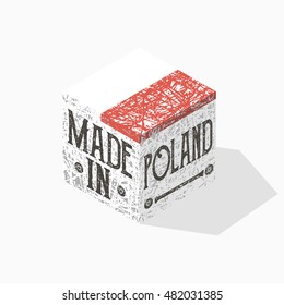 Made in Poland vintage stamp on isometric box. Poland flag stamp vector isolated on white