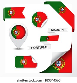 Made in Portugal collection of ribbon, label, stickers, pointer, icon and page curl with Portuguese flag symbol on design element. Vector EPS 10 illustration isolated on white background.