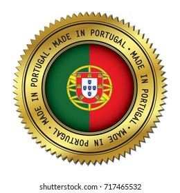 Made in Portugal golden badge with the flag symbol of Portuguese flag in the center. Vector illustration isolated on white background.