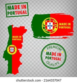Made in Portugal rubber stamps icon isolated on transparent background. Manufactured or Produced in Portugal.  Map of  Portuguese Republic. Set of grunge rubber stamps. EPS10.