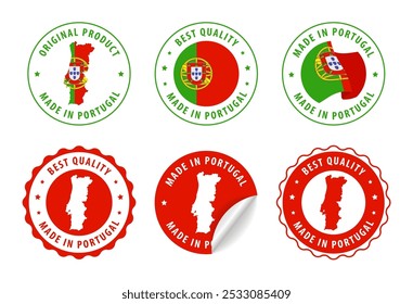 Made in Portugal - set of stamps and stickers with map and flag. Best quality. Original product. Vector illustration.