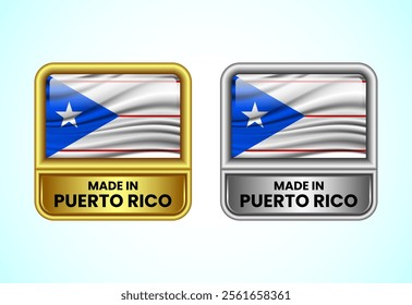 Made in Puerto Rico label icon in gold and silver color. Flag icon set for business