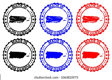 Made in Puerto Rico - rubber stamp - vector, Puerto Rico map pattern - black, blue and red