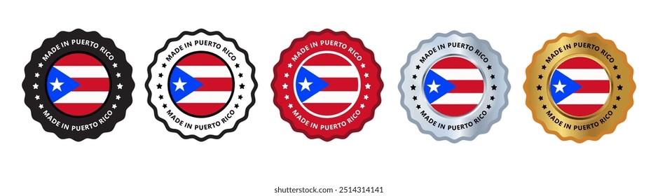 Hergestellt in Puerto Rico Satz von Zeichen Stempel Abzeichen, mit variabler Farbe rot, Silber, Gold, schwarz geeignet für Produkte hergestellt, Militär, Landwirtschaft oder Lebensmittel Vektorgrafik eps editierbaren Text