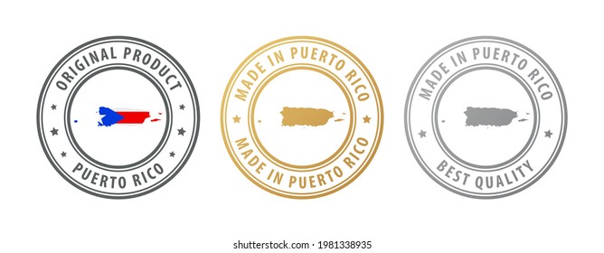 Made in Puerto Rico - set of stamps with map and flag. Best quality. Original product. Vector illustration