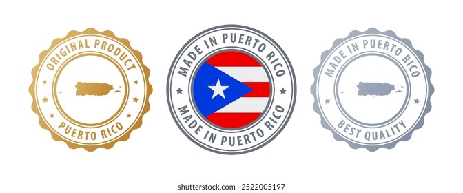 Made in Puerto Rico - set of stamps with map and flag. Best quality. Original product. Vector illustration