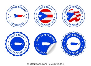 Made in Puerto Rico - set of stamps and stickers with map and flag. Best quality. Original product. Vector illustration.