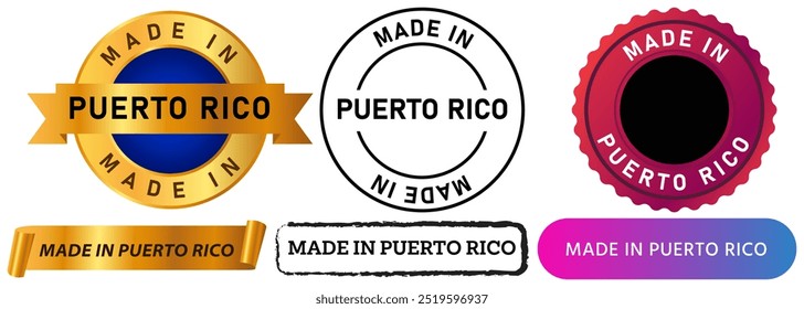 Made in Puerto-Rico produce manufacturing product exporting advertisement stamp colorful gradient emblem badges sticker design set collection