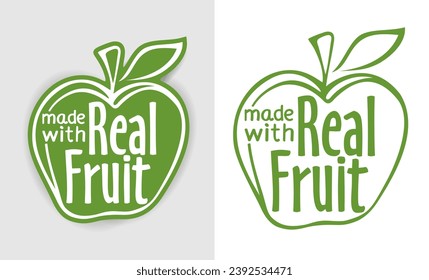 Hecho con fruta real - pegatina caligráfica decorativa para alimentos y bebidas 100 por ciento orgánicos. emblema del vector