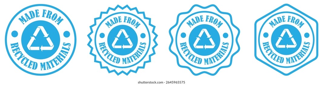 Made from recycled materials emblem in different style on white background. Made from recycled materials stamp. Recycled material icon for packaging. Recycle logo badge for eco products