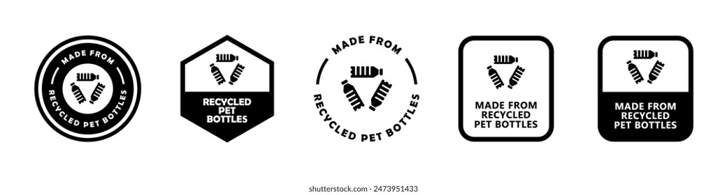 Hecho de botellas de mascotas recicladas - letreros de Vector para la etiqueta de embalaje del producto.