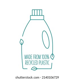 Made from recycled plastic - cleaning bottle icon concept of waste sorting. Editable stroke. Vector stock illustration isolated on white background for packaging logo print. EPS10 