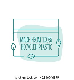 Made from recycled plastic cosmetic bottle - eco packaging icon. Vector stock illustration isolated on white background for label, wrapping, package. Editable stroke. EPS10