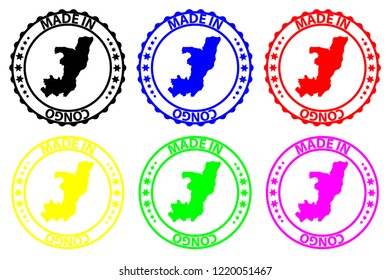Made in Republic of the Congo - rubber stamp - vector, Brazzaville map pattern - black, blue, green, yellow, purple and red