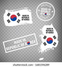 Made in  Republic of Korea rubber stamps icon isolated on transparent background. Manufactured or Produced in  Republic of Korea.  Map of  South Korea. Set of grunge rubber stamps. EPS10.