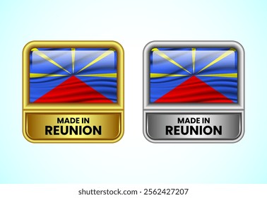 Made in Reunion label icon in gold and silver color. Flag icon set for business