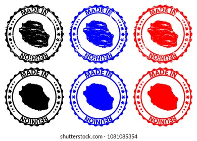 Made in Reunion - rubber stamp - vector, La Reunion map pattern - black, blue and red